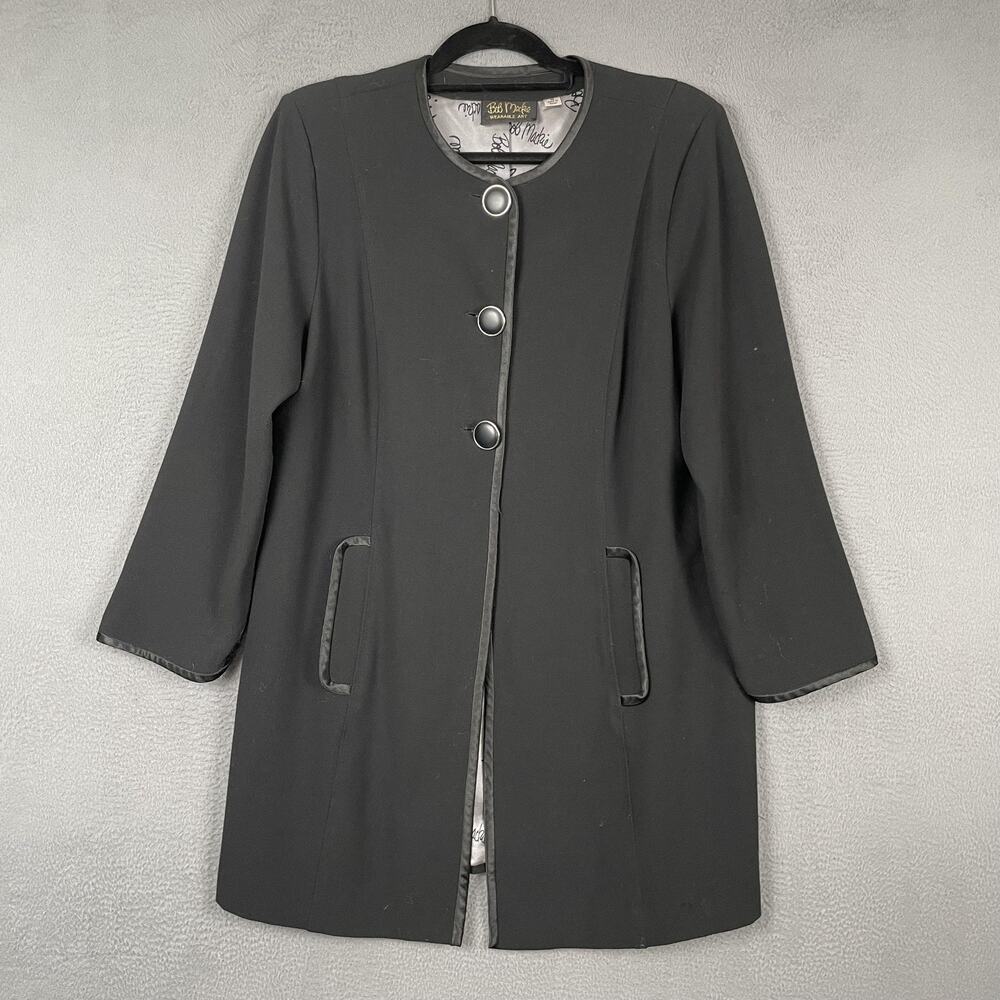 Bob Mackie Coat Womens M Black Crepe Lined Collarless Pockets Mid-Length